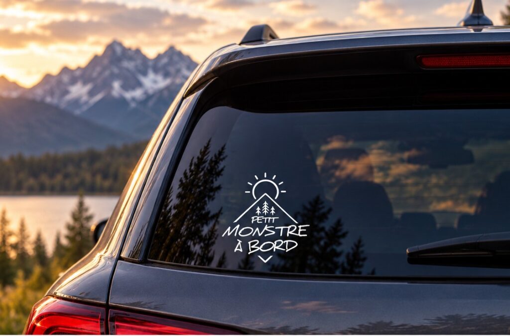 Autocollant Petit monstre à bord, 5 × 6 pouces, vue principale sur vitre arrière teintée de véhicule