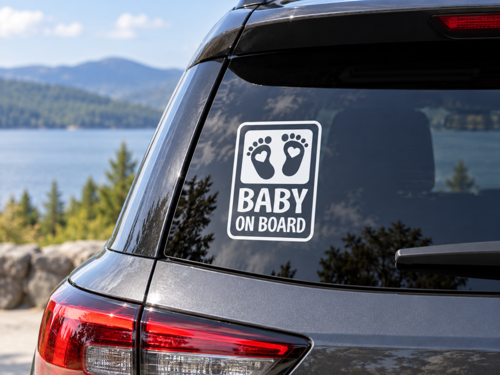 Autocollant blanc « Baby on Board » avec empreintes et cœurs, 4 × 6 pouces – principale