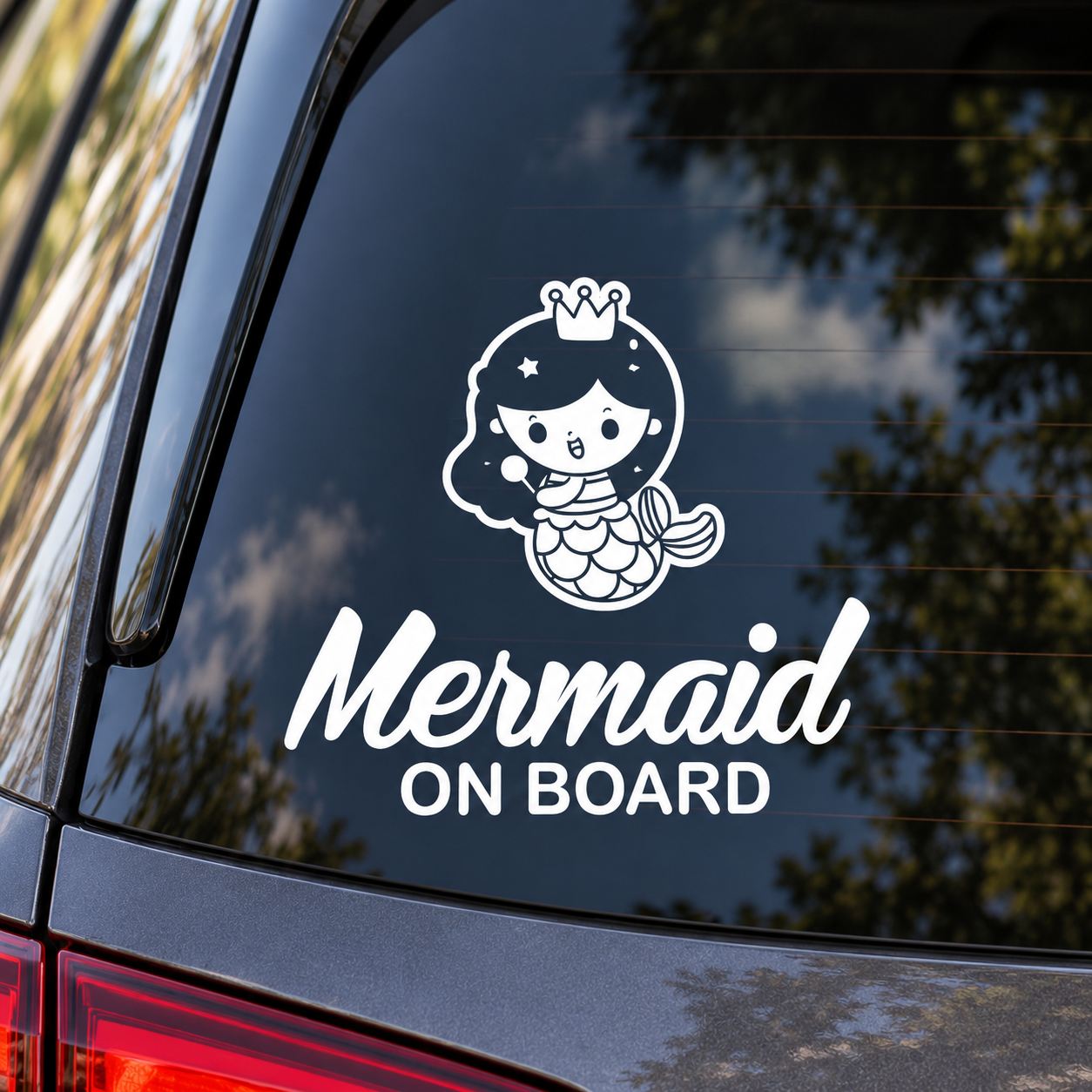 Mermaid on Board, autocollant blanc sirène 4,5 × 4,5 pouces – gros plan