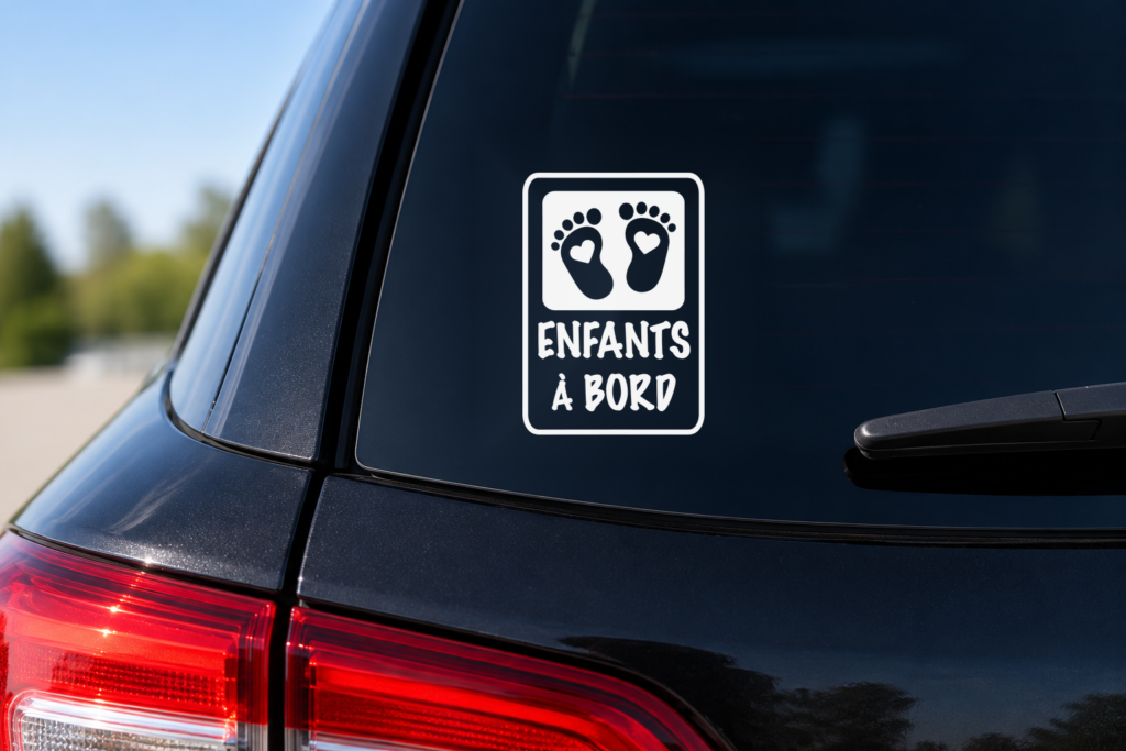 Autocollant blanc Enfants à bord, deux empreintes avec cœurs, format 4 × 6 pouces, sur vitre arrière de voiture noire